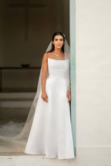 White Wedding Dress A Line Strapless Sleeveless Floor Length Satin Bridal Gown With Ruffles
