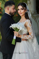 White Wedding Dress A Line Sweetheart Long Sleeves Long Tulle Bridal Gown With Appliques