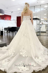 White Wedding Dress A Line Sweetheart Sleeveless Embroidery Sweep Train Backless Tulle Bridal Gown