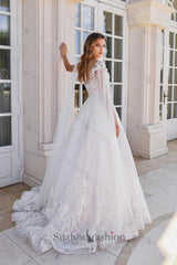 White Wedding Dress A Line V Neck Cap Sleeves Lace Long Tulle Bridal Gown With Appliques