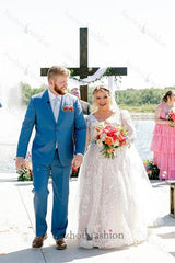 White Wedding Dress A Line V Neck Long Sleeves Lace Chapel Train Bridal Gown With Appliques