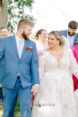 White Wedding Dress A Line V Neck Long Sleeves Lace Chapel Train Bridal Gown With Appliques