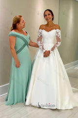 White Wedding Dress Ball Gown Off The Shoulder Lace Long Sleeves Chapel Train Satin Bridal Gown