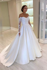 White Wedding Dress Ball Gown Off The Shoulder Lace Long Sleeves Chapel Train Satin Bridal Gown
