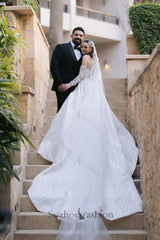 White Wedding Dress Ball Gown Strapless Sleeveless Sequined Cathedral Train Bridal Gown
