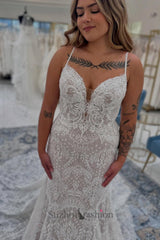 White Wedding Dress Boho Mermaid Spaghetti Straps Sleeveless Lace Cathedral Train Bridal Gown