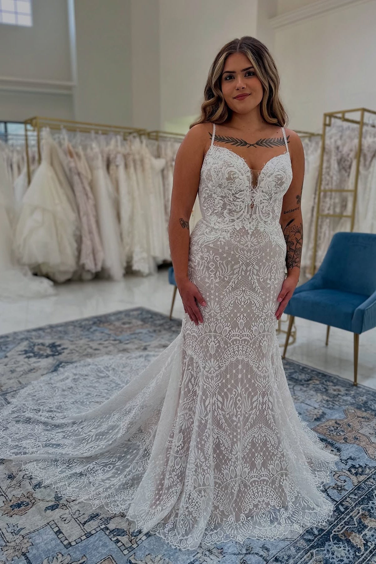 White Wedding Dress Boho Mermaid Spaghetti Straps Sleeveless Lace Cathedral Train Bridal Gown