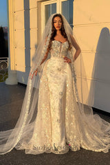 White Wedding Dress Column Strapless Beaded Sequined Sleeveless Panel Train Lace Bridal Gown With Rhinestone