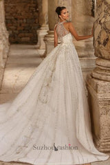White Wedding Dress Halter A Line Sleeveless Sequined Lace Ball Gown Long Tulle Bridal Gown With Appliques