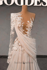 White Wedding Dress Lace A Line One Shoulder Long Sleeves Beaded Sweep Train Chiffon Ruffle Bridal Gown With Pearls
