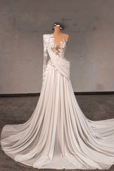 White Wedding Dress Lace A Line One Shoulder Long Sleeves Beaded Sweep Train Chiffon Ruffle Bridal Gown With Pearls