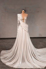 White Wedding Dress Lace A Line One Shoulder Long Sleeves Beaded Sweep Train Chiffon Ruffle Bridal Gown With Pearls