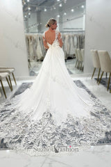 White Wedding Dress Lace A Line V Neck Backless Long Sleeves Cathedral Train Chiffon Bridal Gown