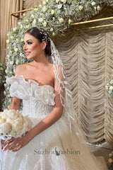 White Wedding Dress Lace Ball Gown Strapless Sleeveless Ruffles Sequined Cathedral Train Bridal Gown
