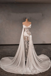 White Wedding Dress Lace Column Strapless Sleeveless Beaded Panel Train Chiffon Bridal Gown With Pearls