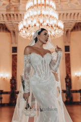 White Wedding Dress Lace Mermaid Sweetheart Off The Shoulder Beaded Long Sleeves Sweep Train Bridal Gown