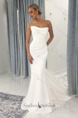 White Wedding Dress Lace Mermaid Sweetheart Strapless Sleeveless Cathedral Train Ruffle Satin Bridal Gown