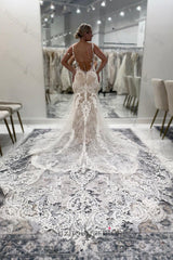 White Wedding Dress Lace Mermaid V Neck Spaghetti Strap Sleeveless Backless Cathedral Train Tulle Bridal Gown