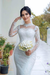 White Wedding Dress Mermaid High Neck Lace Long Sleeves Sequined Tulle Bridal Gown With Appliques