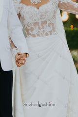 White Wedding Dress Mermaid High Neck Long Sleeves Lace Long Satin Ruffle Detachable Panel Train Bridal Gown With Appliques