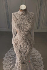 White Wedding Dress Mermaid Lace Beaded High Neck Long Sleeves Chapel Train Bridal Gown