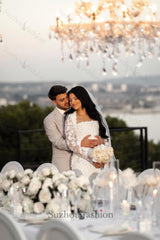 White Wedding Dress Mermaid Lace Square Long Sleeves Beaded Long Bridal Gown With Pearls