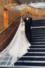 White Wedding Dress Mermaid Lace Sweetheart Sleeveless Long Tulle Bridal Gown With Appliques