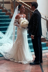 White Wedding Dress Mermaid Lace Sweetheart Sleeveless Long Tulle Bridal Gown With Appliques