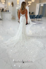 White Wedding Dress Mermaid Spaghetti Straps V Neck Sleeveless Lace Beaded Tulle Chapel Train Bridal Gown With Appliques