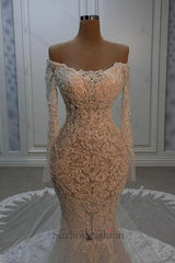 White Wedding Dress Mermaid Strapless Beaded Off The Shoulder Long Sleeve Chapel Train Lace Bridal Gown
