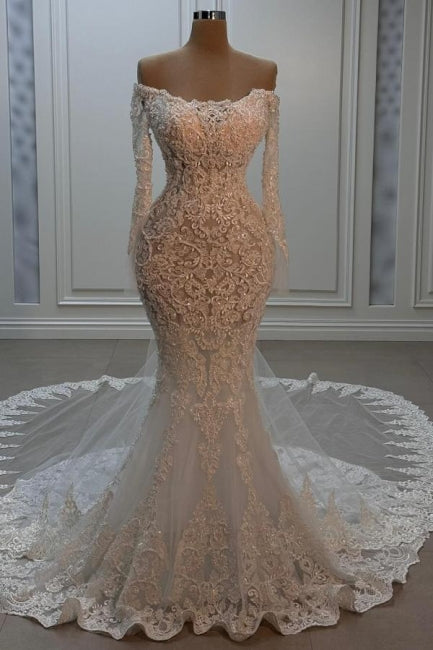 White Wedding Dress Mermaid Strapless Beaded Off The Shoulder Long Sle suzhoufashion White Wedding Dress Mermaid Strapless Beaded Off The Shoulder Long Sle suzhoufashion