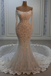 White Wedding Dress Mermaid Strapless Beaded Off The Shoulder Long Sleeve Chapel Train Lace Bridal Gown
