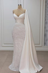 White Wedding Dress Mermaid Sweetheart Beaded Off The Shoulder Cap Sleeve Long Satin Bridal Gown With Pearls