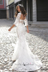 White Wedding Dress Mermaid Sweetheart High Neck Long Sleeves Sweep Train Tulle Bridal Gown With Appliques