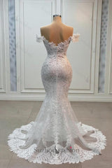 White Wedding Dress Mermaid Sweetheart Off The Shoulder Chapel Train Lace Tulle Bridal Gown With Appliques