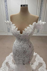 White Wedding Dress Mermaid Sweetheart Off The Shoulder Chapel Train Lace Tulle Bridal Gown With Appliques