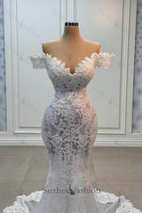 White Wedding Dress Mermaid Sweetheart Off The Shoulder Chapel Train Lace Tulle Bridal Gown With Appliques