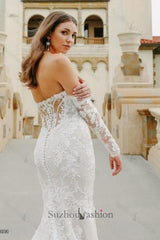 White Wedding Dress Mermaid Sweetheart Off The Shoulder Long Sleeve Lace Court Train Tulle Bridal Gown With Appliques