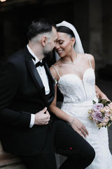 White Wedding Dress Mermaid Sweetheart Spaghetti Straps Sleeveless Beaded Sweep Train Tulle Bridal Gown