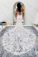 White Wedding Dress Mermaid V Neck Off The Shoulder Lace Cathedral Train Bridal Gown With Appliques