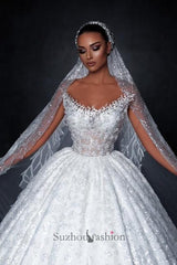 White Wedding Dress Off The Shoulder Sleeveless Sequined Ball Gown Long Tulle Bridal Gown With Appliques