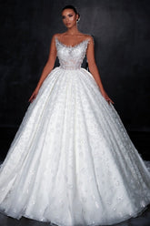 White Wedding Dress Off The Shoulder Sleeveless Sequined Ball Gown Long Tulle Bridal Gown With Appliques