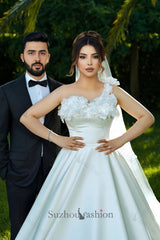 White Wedding Dress One Shoulder Sleeveless Sweep Train Ball Gown Long Satin Bridal Gown With 3D Flowers