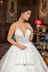 White Wedding Dress Spaghetti Strap V Neck Sleeveless Backless Lace Ball Gown Long Lace Bridal Gown