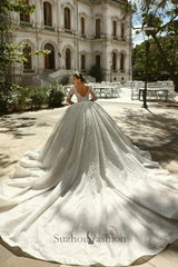 White Wedding Dress Square Beaded Long Sleeve Lace Sequined Ball Gown Tulle Bridal Gown With Rhinestones