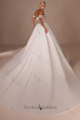 White Wedding Dress Strapless Beaded Off The Shoulder Panel Train Satin Bridal Gown