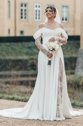 White Wedding Dress Strapless Off The Shoulder A Line Illusion Lace Sleeve Sweep Train Satin Bridal Gown With Slit