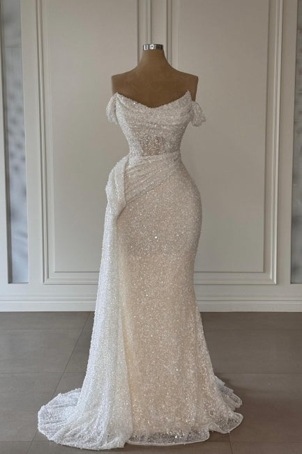 White Wedding Dress Strapless Off The Shoulder Sleeveless Sequined Ruffle Long Tulle Bridal Gown