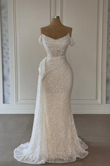 White Wedding Dress Strapless Off The Shoulder Sleeveless Sequined Ruffle Long Tulle Bridal Gown