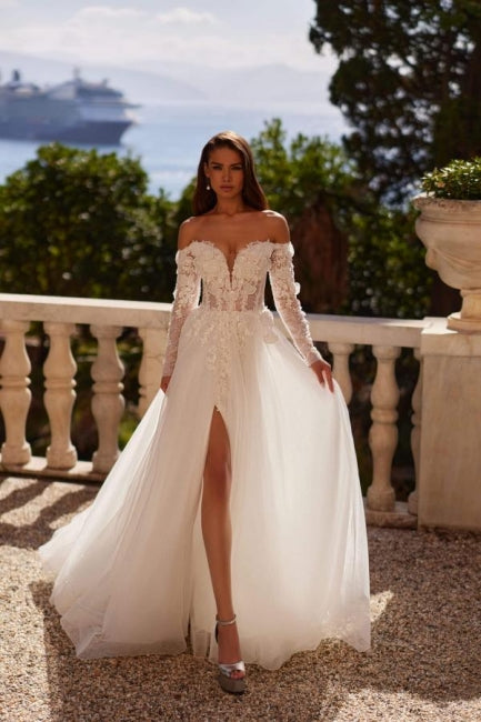 White Wedding Dress Sweetheart A Line Off The Shoulder Long Sleeve Split Front Tulle Bridal Gown With Appliques And Handmake Flowers